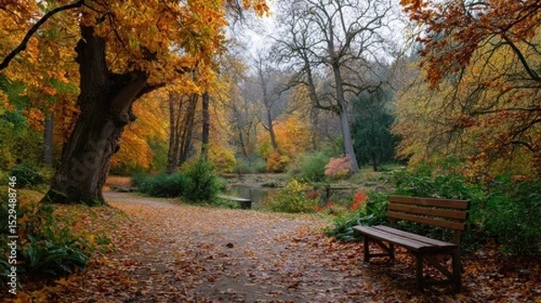 Fototapeta Autumnal Serenity: A park bench awaits in a picturesque autumnal setting, golden leaves scattered on a path leading to a tranquil pond, surrounded by vibrant fall foliage.