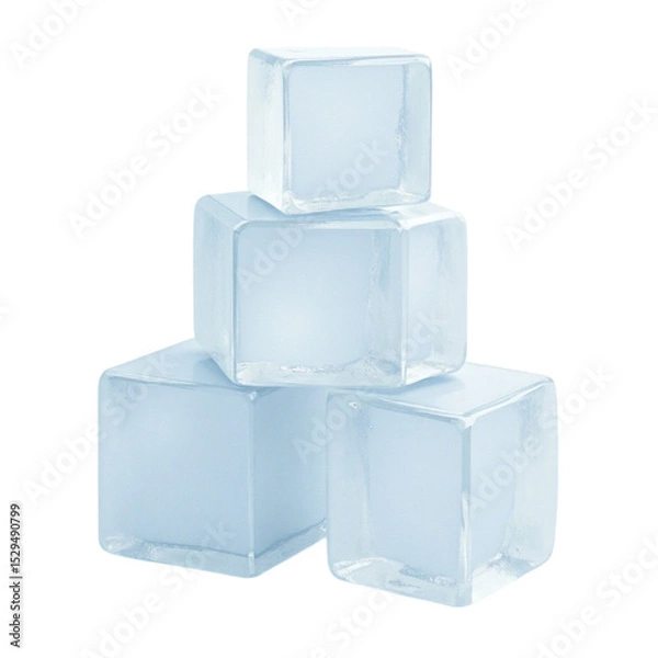 Fototapeta Stack of translucent melting ice cubes isolated on a transparent background for cold beverage concepts