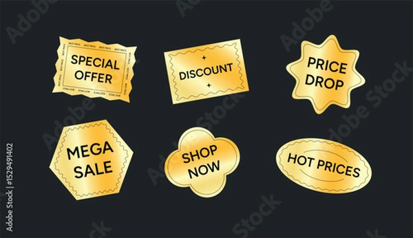 Obraz Gold Label Sticker Set with Texts Special Offer, Discount, Price Drop, Mega Sale, Shop Now, Hot Prices. Glossy Metallic Shapes for Promotion. Vector Illustration.