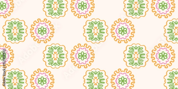 Obraz Seamless Pattern with Hand Drawn Green and Pink Floral Shapes. Naive Symmetrical Design in Watercolor Style. Decorative Botanical Motifs for Wrapping Paper, Wallpaper, Textile. Vector Illustration
