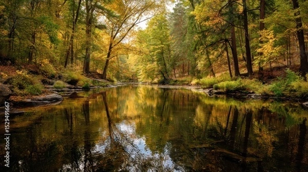 Fototapeta Autumnal River Reflection: Golden Canopy Over Still Waters
