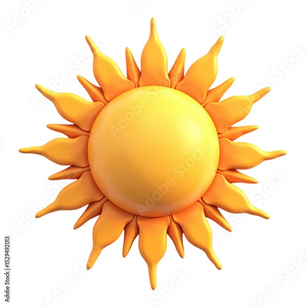 Obraz Stylized 3D rendering of a bright yellow sun icon with pointed rays on a transparent background PNG file