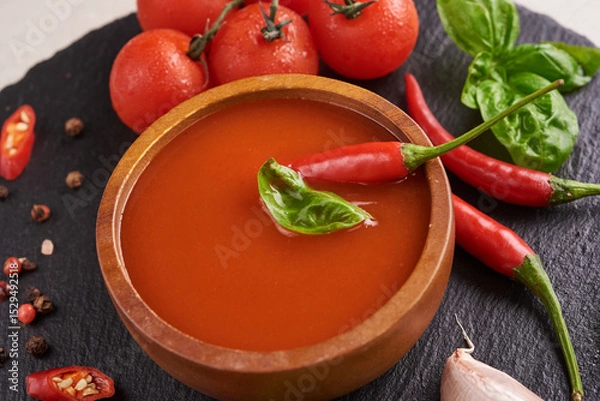 Fototapeta 
red hot chilli sauce. tomato ketchup, chilli sauce, puree with chili pepper, Vegetables, tomatoes and garlic. on on black stone background. top view