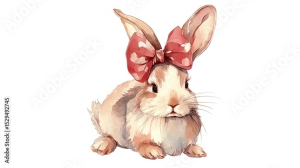 Fototapeta Adorable Watercolor Bunny with Red Bow