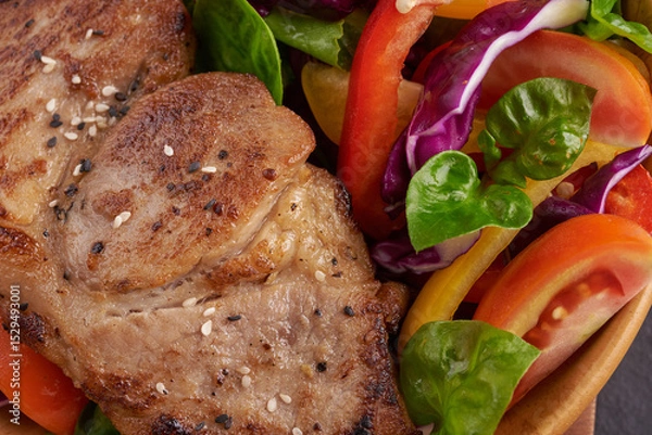 Fototapeta Grilled steak with fresh vegetable, sweet pepper, tomatoes, red onion, pink pepper and spices. Home made tasty food. Concept for tasty and healthy meal. Black stone background. Pork steak with salad