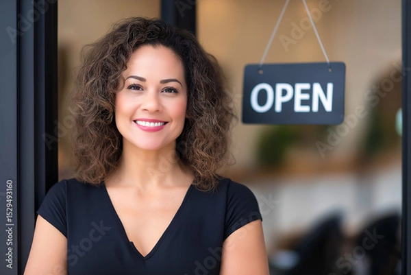 Fototapeta Smiling woman stands confidently by open sign at entrance of her shop. Bright and welcoming atmosphere enhances customer attraction. Concept of retail, entrepreneurship, small business