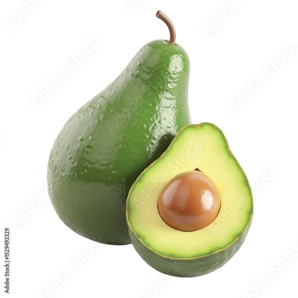 Obraz Two Green Avocados - Whole and Halved with Pit - Healthy Fruit PNG with Transparent Background