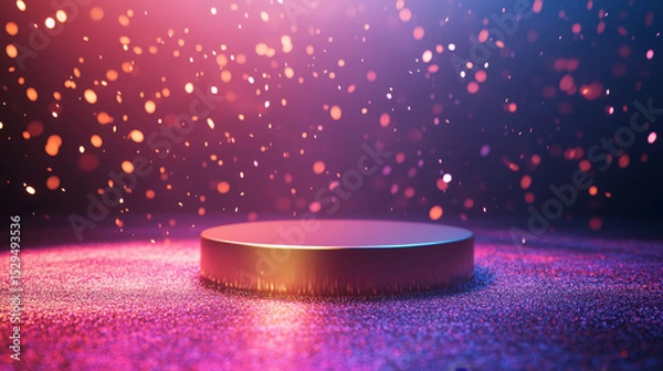 Fototapeta A sleek gold podium with neon highlights glows under falling glitter, offering a luxurious stage for showcasing products