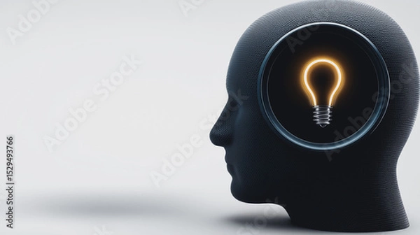 Fototapeta Illumination of Idea: A striking illustration of a human head silhouette, where the glow of an incandescent light bulb represents innovation and the birth of concepts.