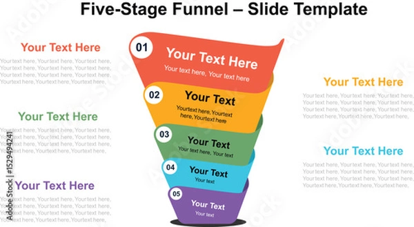 Fototapeta Five-Stage Funnel Slide Template for PowerPoint and Presentations, Marketing Strategy Diagram, Sales Process Chart, and Business Planning Infographic Design