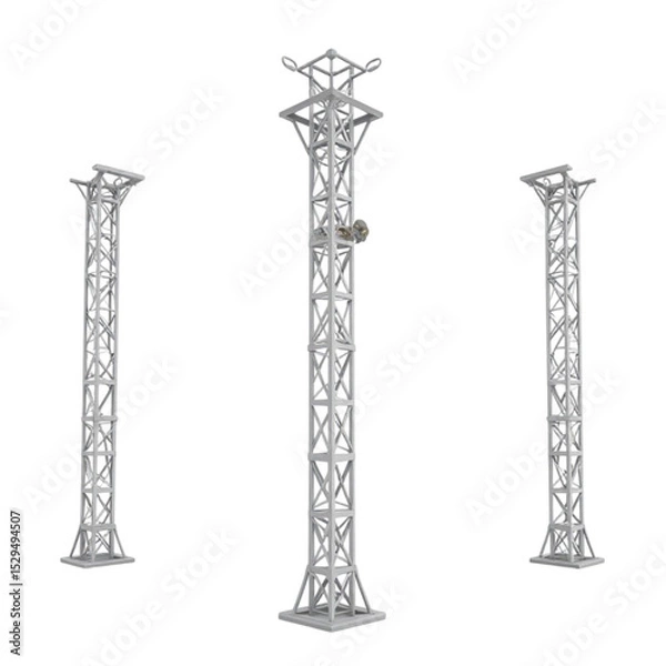 Obraz White metal truss towers structure for lighting rig and stage design isolated on black studio background. This is a PNG file with a transparent background