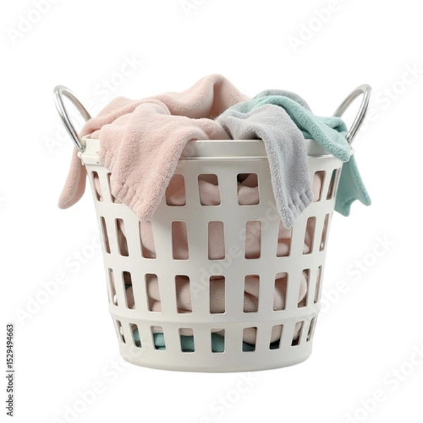 Obraz White Plastic Laundry Basket Overflowing with Soft Fabric on Transparent Background Cut Out