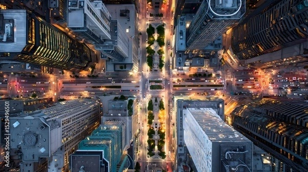 Fototapeta Aerial View of Modern City Intersection at Night with Light Trails