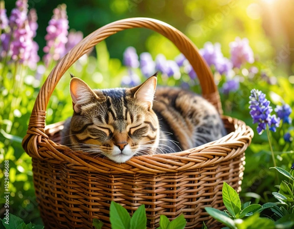 Fototapeta A tabby cat is peacefully sleeping inside a woven basket surrounded by blooming purple flowers and lush green grass under the warm sunlight of a spring day.