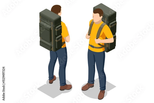 Obraz Isometric Tourist with a backpack. Hiker with equipment trekking. A man carry a rucksack or knapsack in a journey. Trekking, outdoor adventure, travel planning