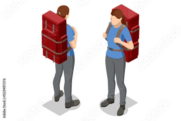 Obraz Isometric Tourist with a backpack. Hiker with equipment trekking. A woman carry a rucksack or knapsack in a journey. Trekking, outdoor adventure, travel planning