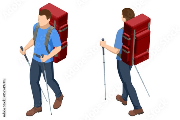 Obraz Isometric illustration of backpacker with trekking poles and backpack for traveling, hiking, camping. Trekking, outdoor adventure, travel planning