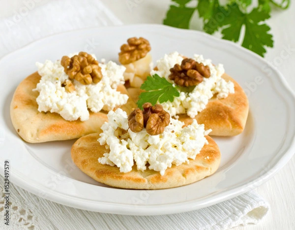 Fototapeta Three pieces of soft, round flatbread are topped with creamy white cheese and crunchy walnuts, garnished with a fresh parsley leaf on a white ceramic plate.