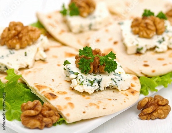 Fototapeta Thin slices of flatbread are topped with creamy blue cheese, fresh parsley, and crunchy walnuts, artfully arranged on a bed of crisp lettuce for an elegant appetizer.