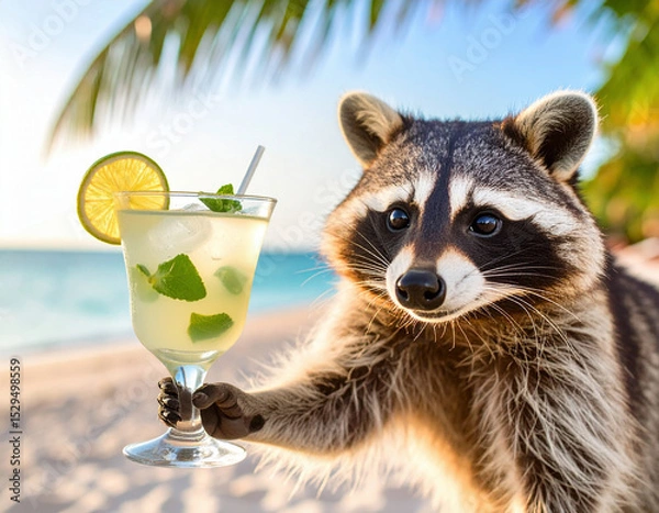 Fototapeta A cheerful raccoon stands on a tropical beach under palm trees, holding a refreshing cocktail with lime and mint, enjoying the sunny and relaxing seaside atmosphere.