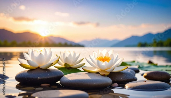 Fototapeta Three elegant white lotus flowers rest gently on smooth black stones in a calm lake, with mountains and a golden sunset reflecting on the tranquil water