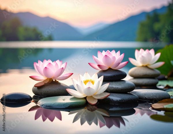 Fototapeta Colorful lotus flowers rest gracefully on stacked smooth stones in a tranquil lake, surrounded by misty mountains and glowing with the soft light of sunrise.