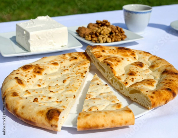 Fototapeta A freshly baked round flatbread is sliced and served on a white tablecloth alongside creamy white cheese, crunchy walnuts, and a traditional cup of tea outdoors.