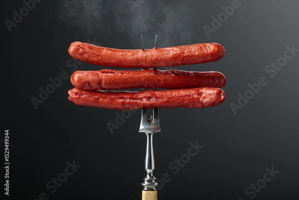Obraz Thin grilled sausages on a fork.