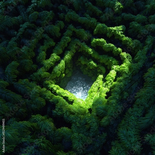 Fototapeta Natural Plant Maze Top View – Aerial Background of Green Organic Garden Labyrinths, Nature-Inspired Landscape Design, Copy Space