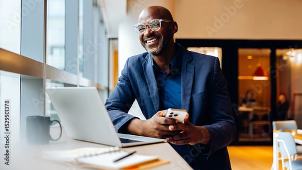 Fototapeta Professional man smiling while working on a laptop and holding a smartphone