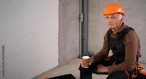 Obraz Builder with Coffee. Elderly engineer or construction worker relax on break at construction site