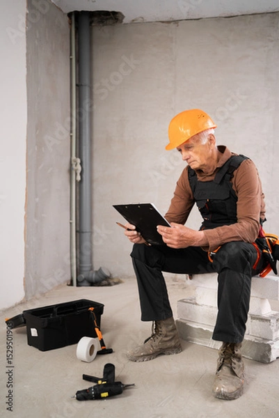 Obraz Civil engineer elderly man with clipboard reading checklist making inspection notes working at construction site. Repair, renovation and construction