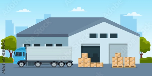 Fototapeta Modern warehouse building scene in flat style. Truck and with boxes. Warehouse and logistic management. Vector stock