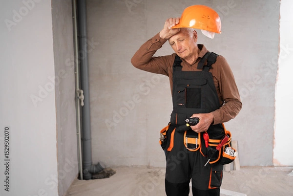 Obraz Senior builder man in uniform with hard hat standing in repairing house, tired frustration worker. Repair, house renovation and construction