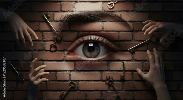 Obraz Surreal 3D Collage with Eye, Keys, and Hands in Dark Brick Wall – Conceptual Abstract Render