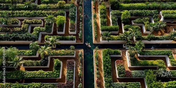 Fototapeta Natural Plant Maze Top View – Aerial Background of Green Organic Garden Labyrinths, Nature-Inspired Landscape Design, Copy Space