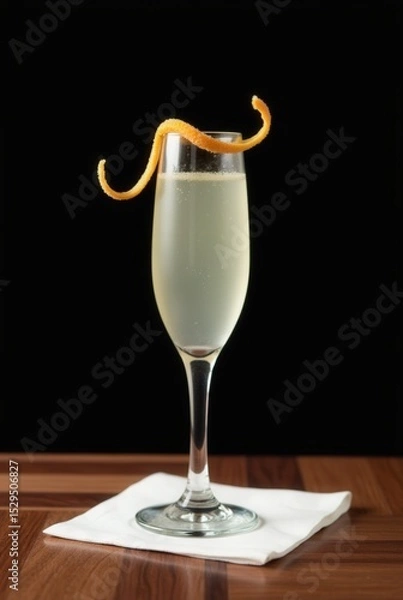 Obraz Champagne Cocktail: Elegant champagne cocktail in a coupe glass, garnished with an expressive orange peel twist. The drink rests on a crisp white napkin atop a rich, dark wood surface.