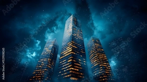 Fototapeta Majestic towering skyscrapers pierce the night sky their glass and steel facades aglow with vibrant lights creating an awe inspiring futuristic cityscape