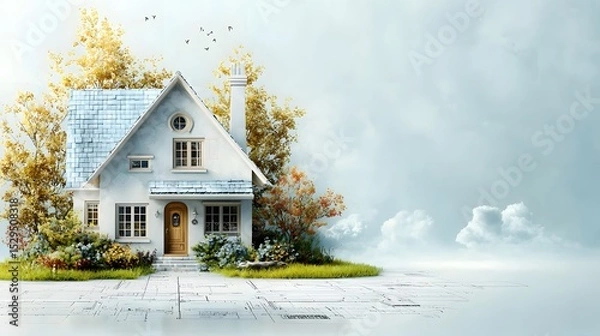 Fototapeta A cozy and quaint cottage style home nestled in a scenic autumn landscape surrounded by vibrant foliage and a serene sky with wispy clouds