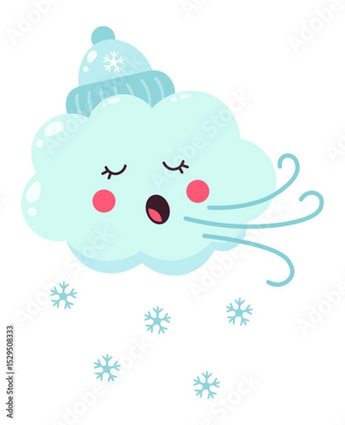 Obraz Light blue cartoon cloud wearing a cozy winter hat, featuring a cheerful face, blowing snowflakes and a gentle breeze, creating a whimsical winter atmosphere