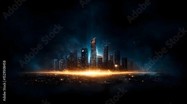 Fototapeta A breathtaking view of a modern futuristic city skyline illuminated by vibrant lights against a dark night sky reflecting in the waters below