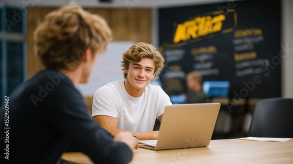 Fototapeta Young man smiles while working on laptop in a contemporary classroom with bright lighting. Focus on collaboration in an educational atmosphere. Concept of schools, learning centers, tutoring services