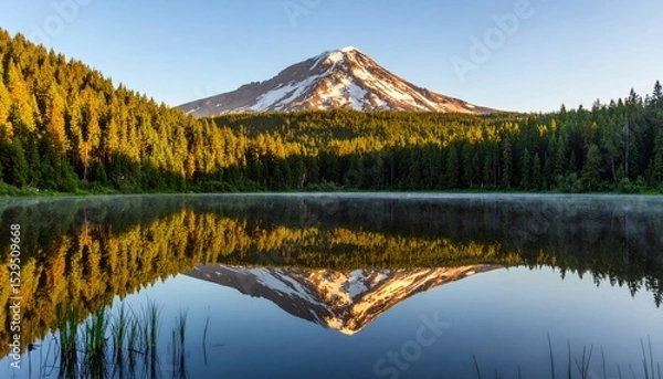 Fototapeta Snow-capped mountain reflected perfectly in a calm lake surrounded by dense evergreen forest under a clear blue sky.
