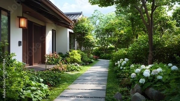 Fototapeta A tranquil Japanese inspired garden with a winding stone pathway lush vegetation and a traditional building entrance