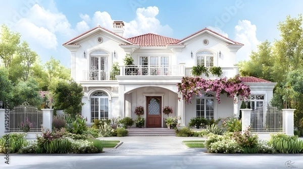 Fototapeta Sprawling two story Mediterranean style mansion surrounded by a well manicured garden featuring ornate architectural details wrought iron gates and a welcoming entryway