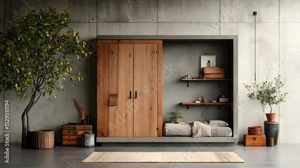 Fototapeta Cozy and modern minimalist home interior with natural wood elements plants and textured decor creating a serene and inviting atmosphere