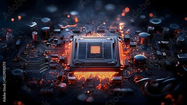 Fototapeta Detailed close up view of a complex circuit board illuminated by glowing microchips and electronic components representing the advanced technology and engineering behind modern computing devices