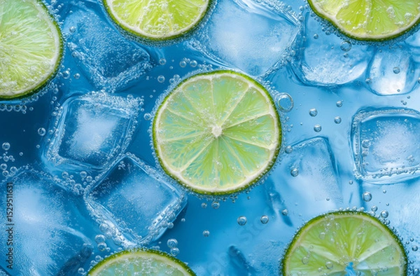 Obraz Close-up top view of light blue water with ice cubes and lime slices. A refreshing and vibrant composition perfect for summer-themed designs, beverages, and cool visual projects