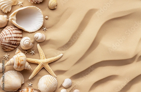 Obraz Top view flat lay photo of beige sand sprinkled with small seashells and starfish. A natural, textured beach background ideal for summer designs and coastal-themed creative projects