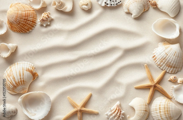 Obraz Flat lay background of light beige sand with scattered seashells and starfish. High-resolution image ideal for summer beach-themed designs, offering a natural coastal texture and feel